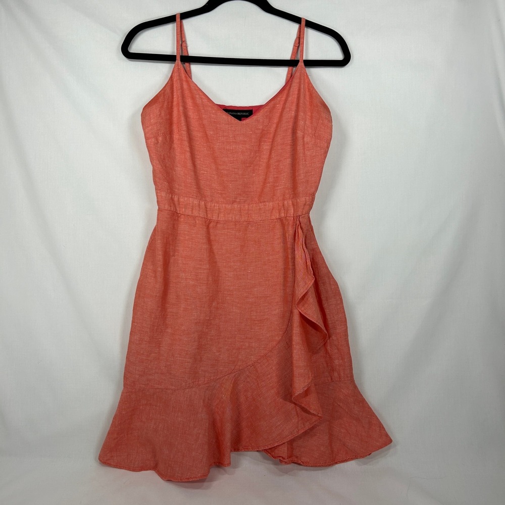 Banana Republic Coral Pink Linen Blend Faux Wrap Ruffle Mini Dress – Size 2P